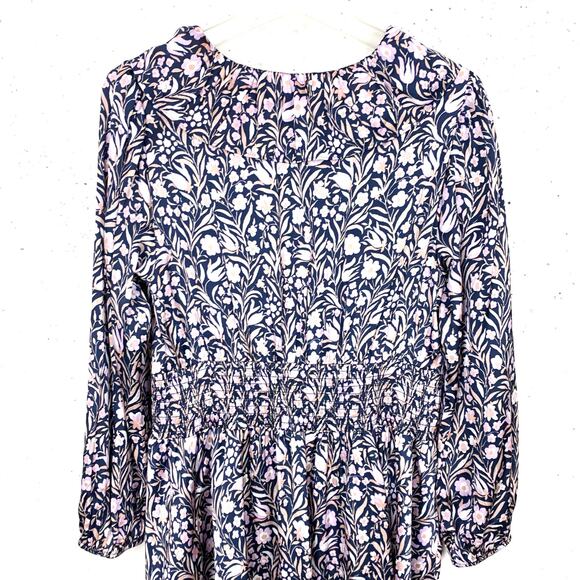 J.Crew V-Neck Mini Dress Floral Fields Navy Smocked Waist Ruffle Neck Medium - Picture 14 of 16